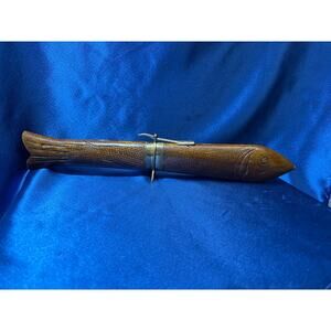 Vintage Hand Carved Wooden Fish Shape Knife and Fork with Brass Lock